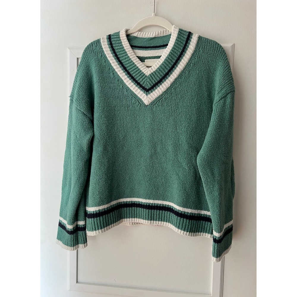 Abercrombie & Fitch Green Varsity V-Neck Striped Knit Sweater XS